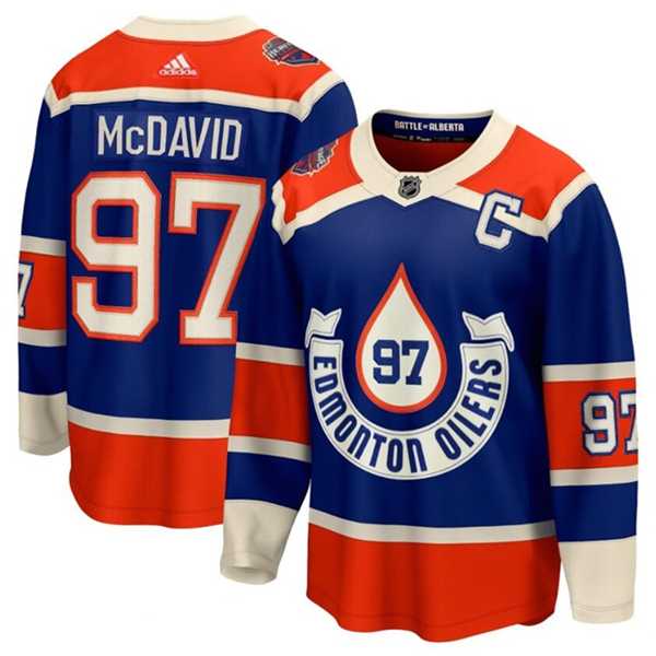 Mens Edmonton Oilers #97 Connor McDavid 2023 Royal With Patch Heritage Classic Primegreen Stitched Jersey Dzhi